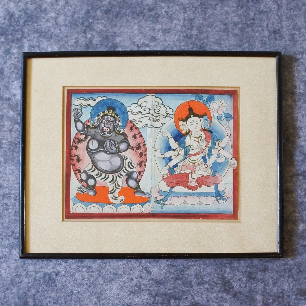 Vintage Tibetan Buddhist Thangka Painting Framed Spiritual Wall Art